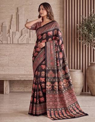 Ajrak digital print mirror work saree with unstitched blouse 2
