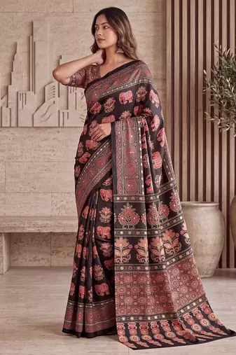 Ajrak digital print mirror work saree with unstitched blouse