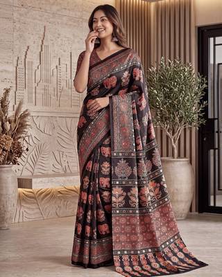 Ajrak digital print mirror work saree with unstitched blouse 3