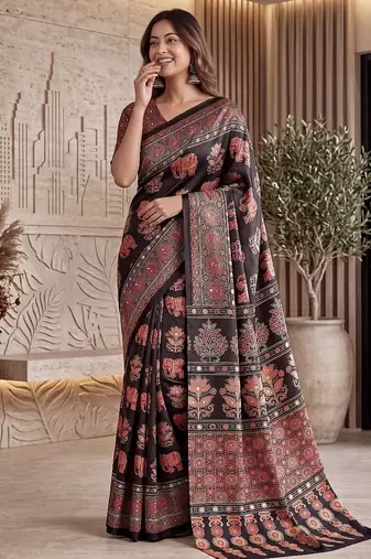 Ajrak digital print mirror work saree with unstitched blouse