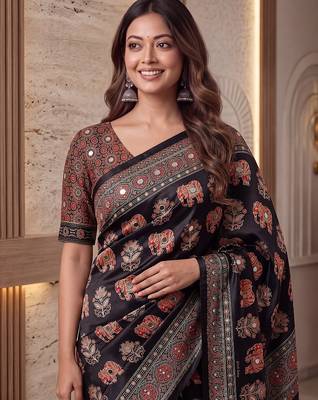 Ajrak digital print mirror work saree with unstitched blouse 4