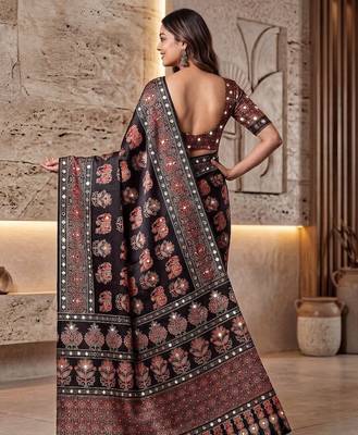 Ajrak digital print mirror work saree with unstitched blouse 5