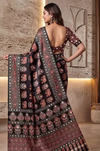 Ajrak digital print mirror work saree with unstitched blouse