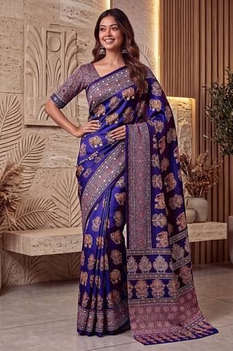 Ajrak digital print mirror work saree with unstitched blouse