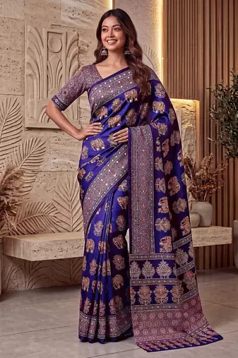 Ajrak digital print mirror work saree with unstitched blouse