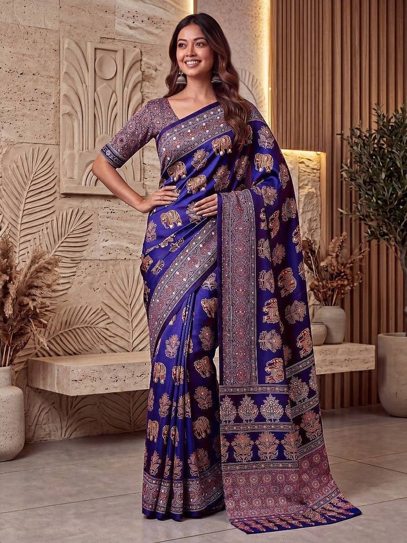 Ajrak digital print mirror work saree with unstitched blouse
