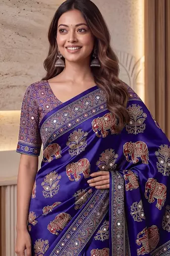 Ajrak digital print mirror work saree with unstitched blouse
