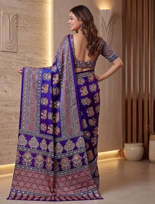 Ajrak digital print mirror work saree with unstitched blouse 3
