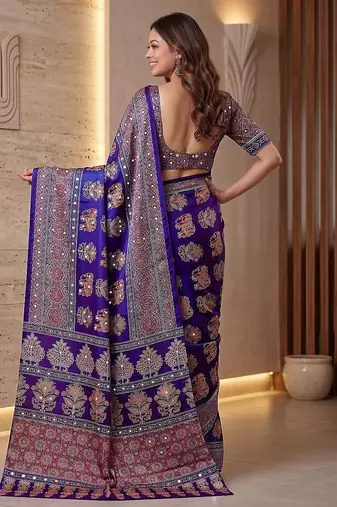 Ajrak digital print mirror work saree with unstitched blouse
