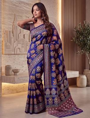 Ajrak digital print mirror work saree with unstitched blouse 4