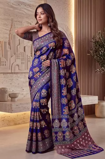 Ajrak digital print mirror work saree with unstitched blouse