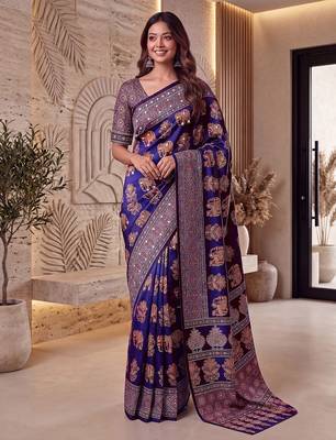 Ajrak digital print mirror work saree with unstitched blouse 5