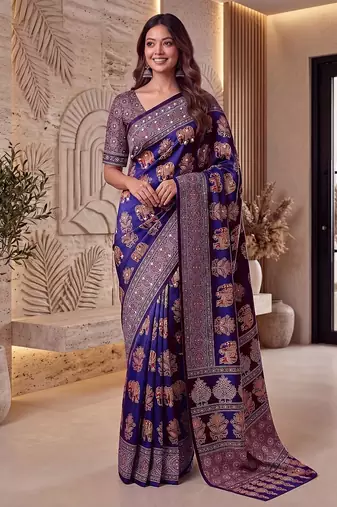 Ajrak digital print mirror work saree with unstitched blouse