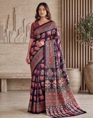 Ajrak digital print mirror work saree with unstitched blouse 1
