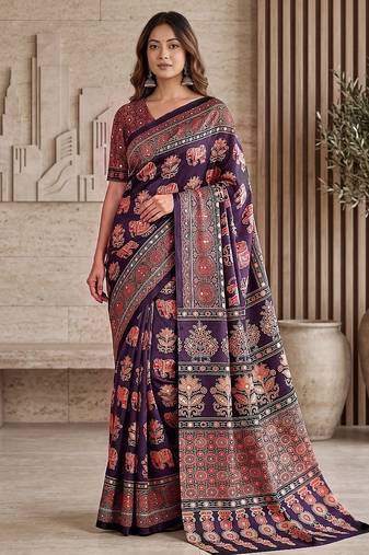 Ajrak digital print mirror work saree with unstitched blouse