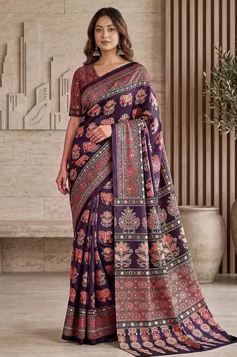 Ajrak digital print mirror work saree with unstitched blouse