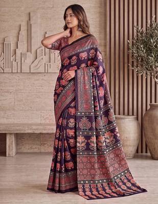 Ajrak digital print mirror work saree with unstitched blouse 2
