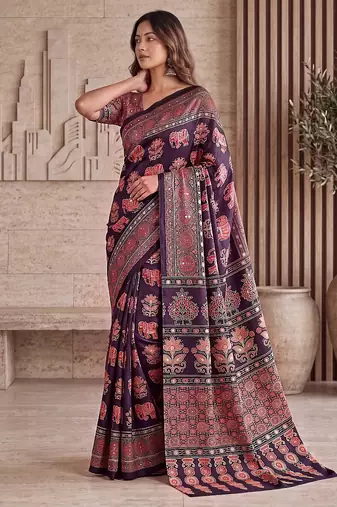Ajrak digital print mirror work saree with unstitched blouse