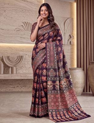 Ajrak digital print mirror work saree with unstitched blouse 3