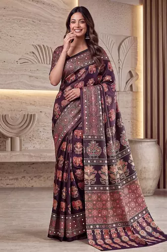 Ajrak digital print mirror work saree with unstitched blouse