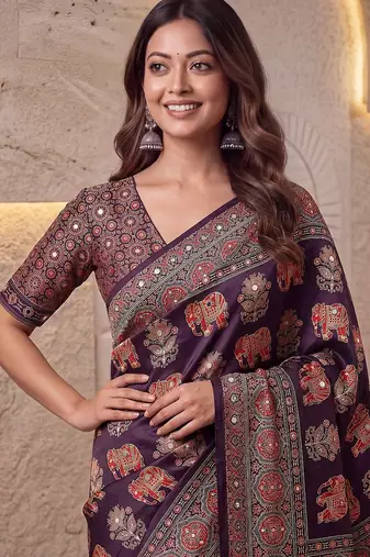 Ajrak digital print mirror work saree with unstitched blouse