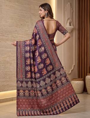 Ajrak digital print mirror work saree with unstitched blouse 5
