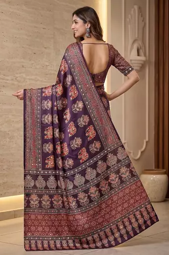 Ajrak digital print mirror work saree with unstitched blouse