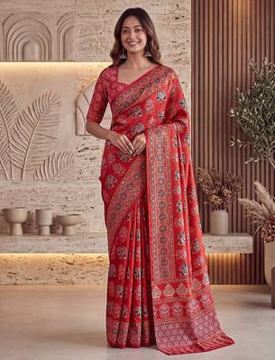 Ajrak digital print mirror work saree with unstitched blouse 1
