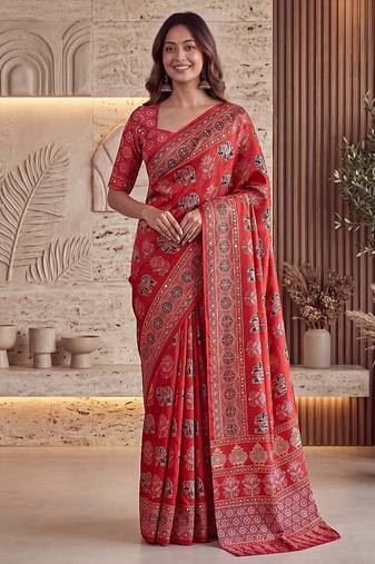 Ajrak digital print mirror work saree with unstitched blouse