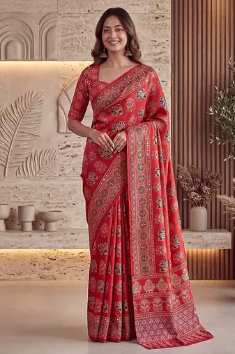 Ajrak digital print mirror work saree with unstitched blouse