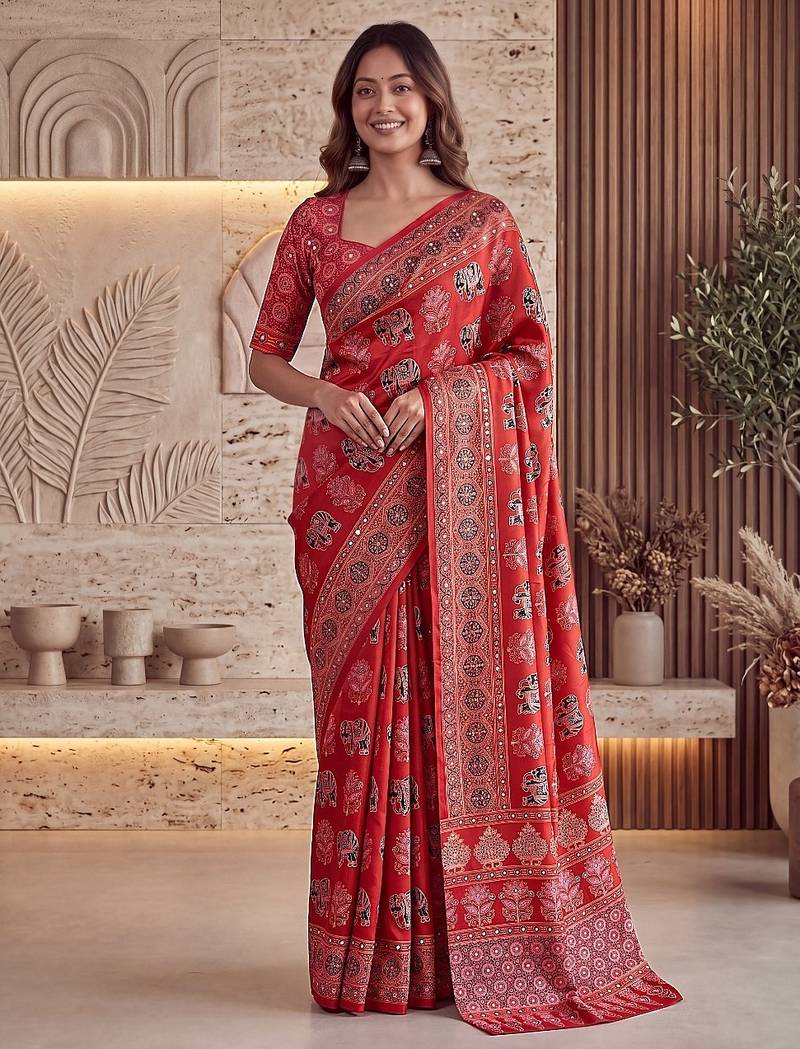 Ajrak digital print mirror work saree with unstitched blouse