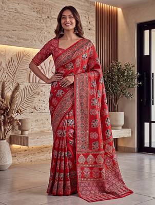 Ajrak digital print mirror work saree with unstitched blouse 2