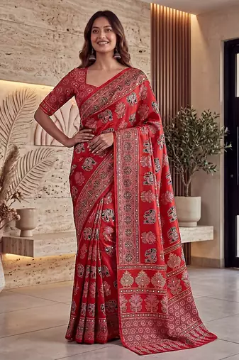 Ajrak digital print mirror work saree with unstitched blouse
