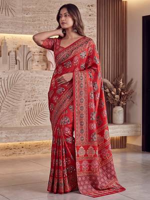 Ajrak digital print mirror work saree with unstitched blouse 3
