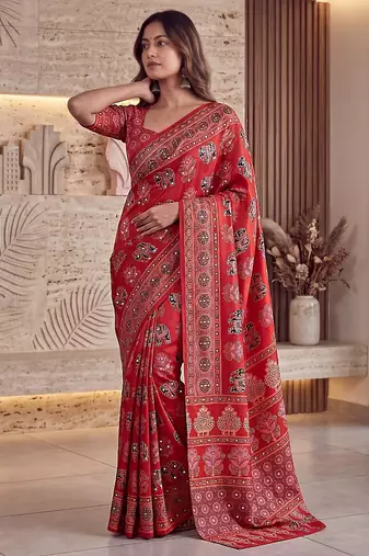 Ajrak digital print mirror work saree with unstitched blouse