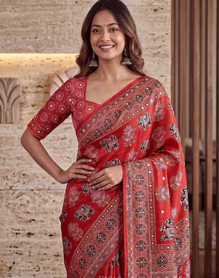Ajrak digital print mirror work saree with unstitched blouse 4