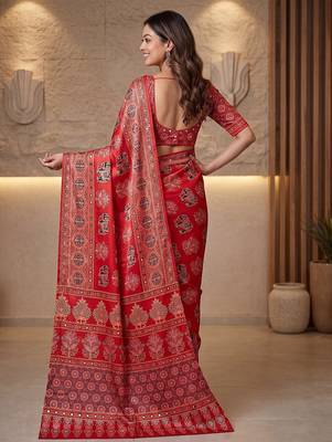 Ajrak digital print mirror work saree with unstitched blouse 5