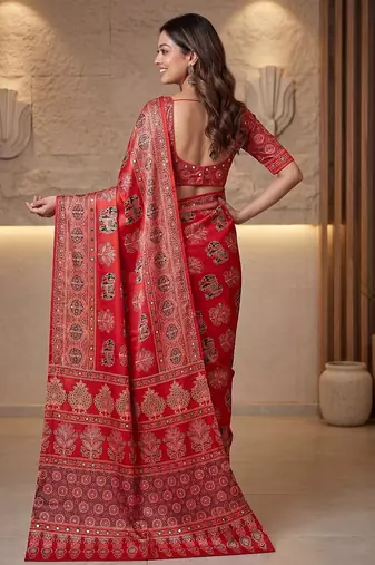 Ajrak digital print mirror work saree with unstitched blouse