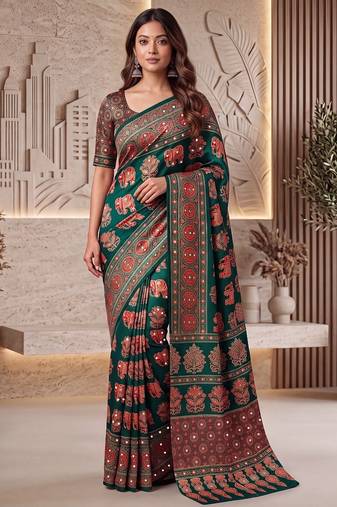 Ajrak digital print mirror work saree with unstitched blouse