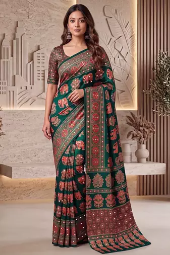 Ajrak digital print mirror work saree with unstitched blouse