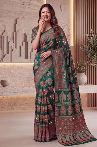 Ajrak digital print mirror work saree with unstitched blouse
