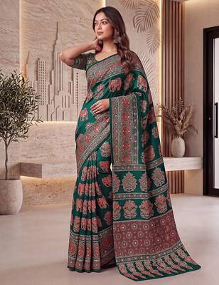 Ajrak digital print mirror work saree with unstitched blouse 3