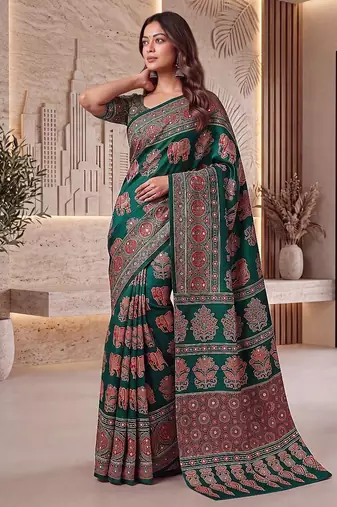 Ajrak digital print mirror work saree with unstitched blouse