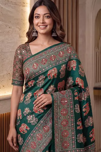 Ajrak digital print mirror work saree with unstitched blouse