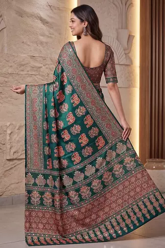 Ajrak digital print mirror work saree with unstitched blouse