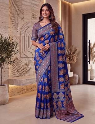 Ajrak digital print mirror work saree with unstitched blouse 1
