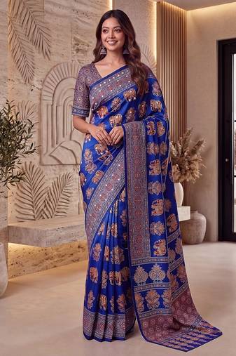Ajrak digital print mirror work saree with unstitched blouse