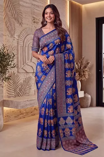 Ajrak digital print mirror work saree with unstitched blouse