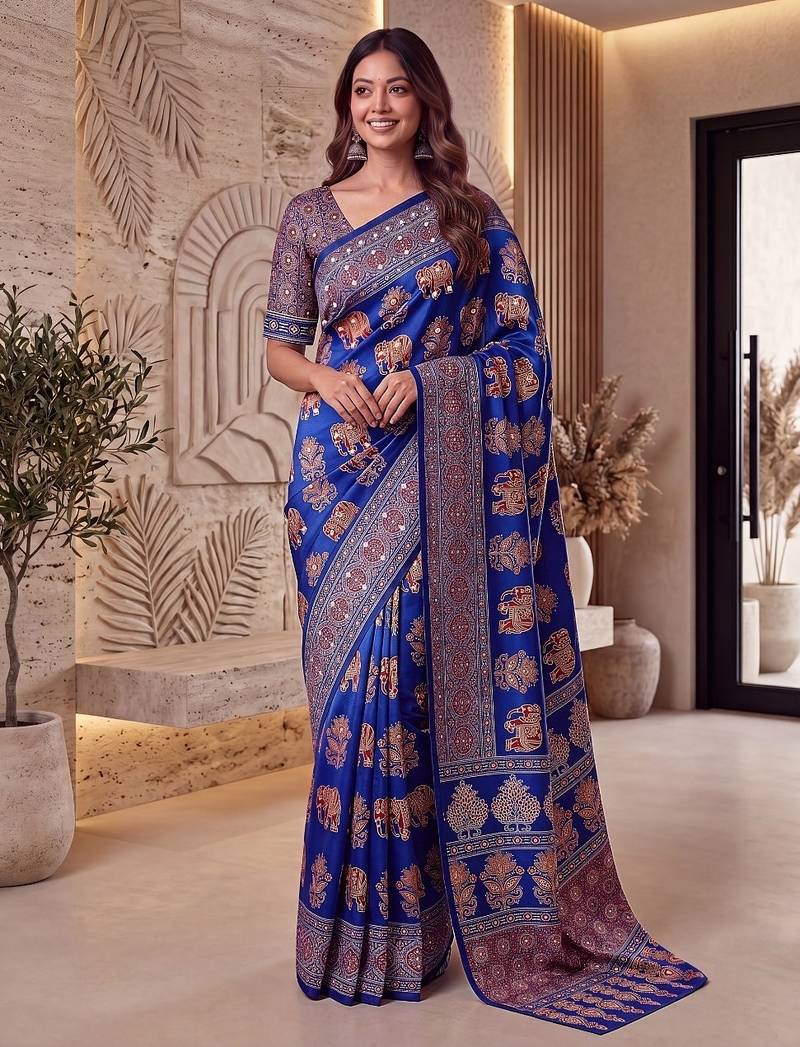 Ajrak digital print mirror work saree with unstitched blouse