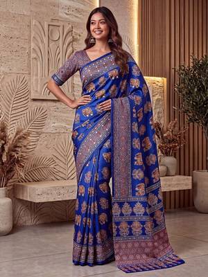 Ajrak digital print mirror work saree with unstitched blouse 2